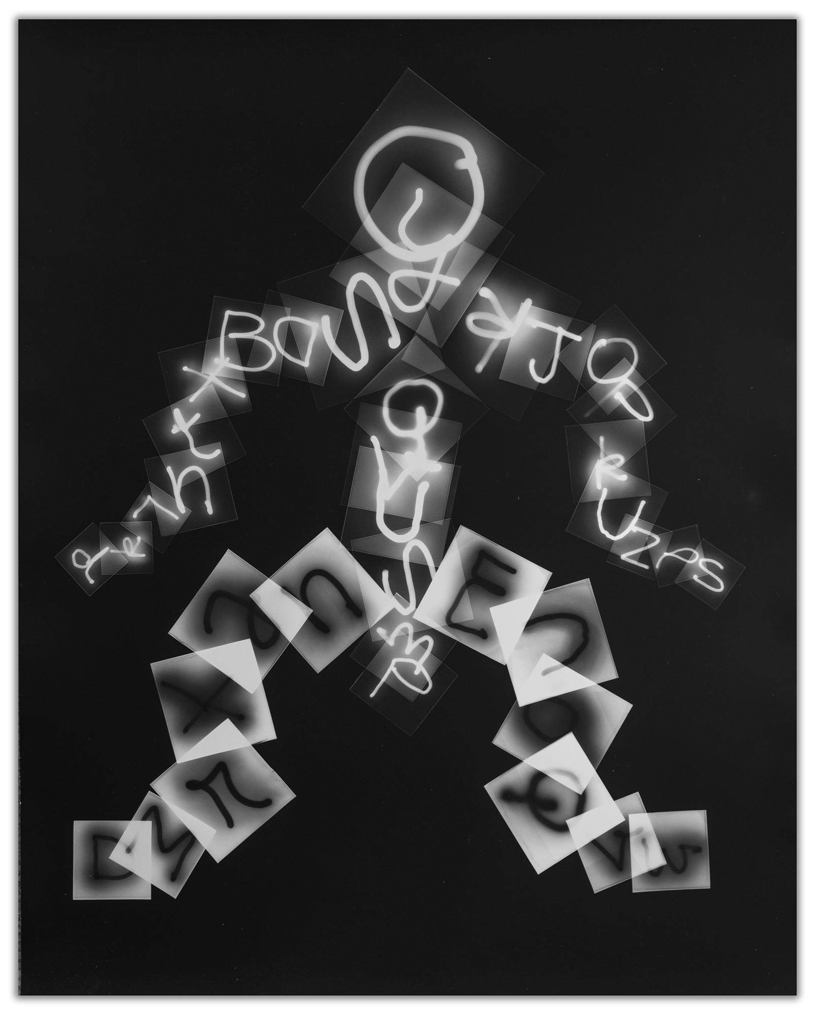 photogram with letters overlaying each other in black and white forming a human figure