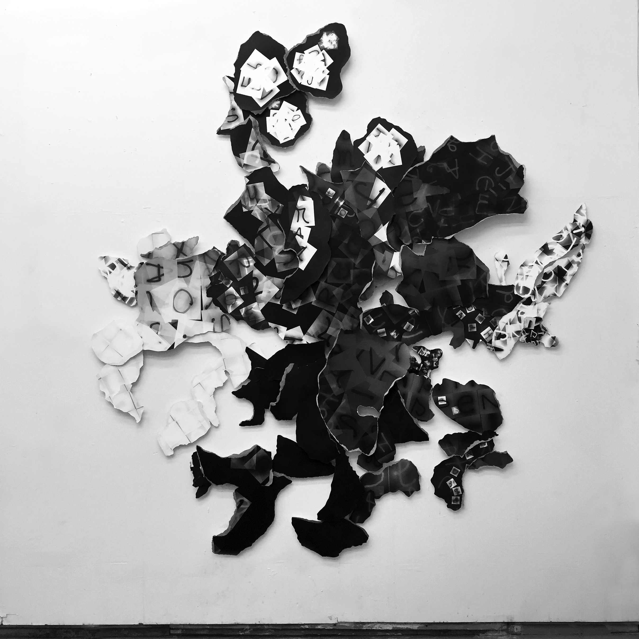 collaged photograms with letters overlaying each other in black and white torn pieces mounted on museum board are assembled like a cartography