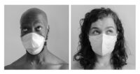 two portraits, a man and woman, both wearing a white facemasks. The image is black and white. Facial expression: questioning